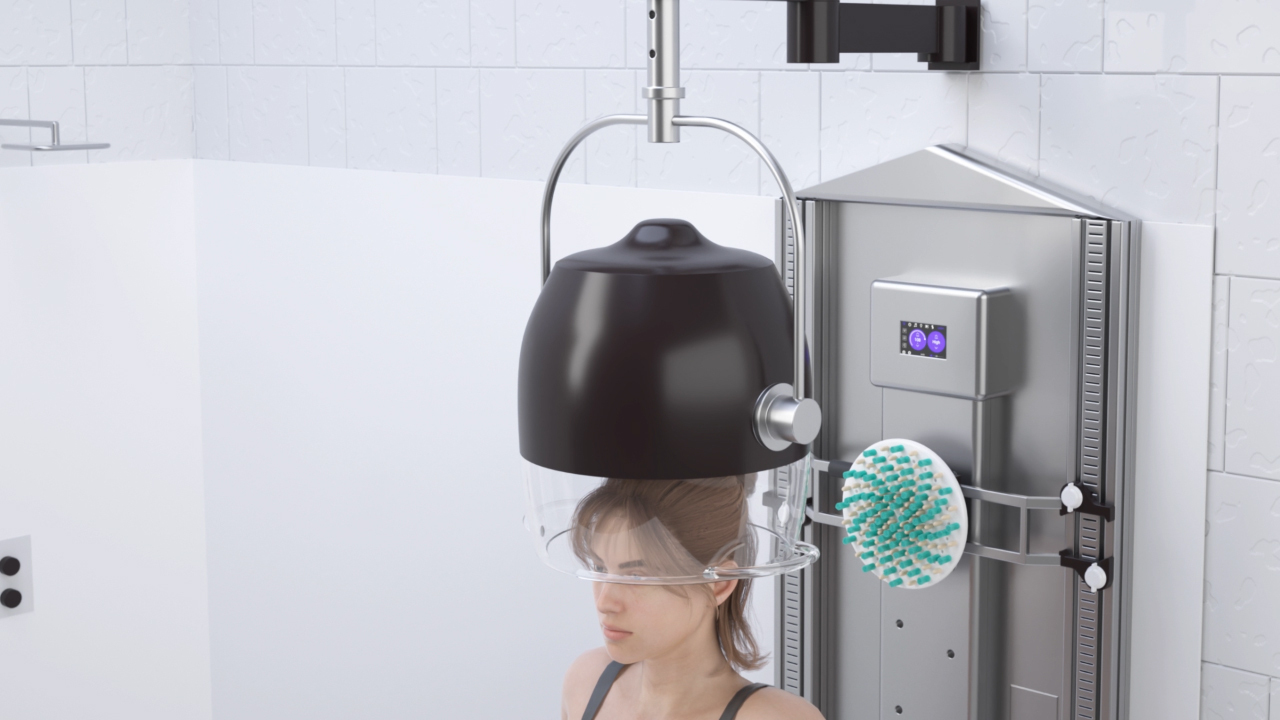 User seated beneath the Spa-Lux salon-style hair dryer hood